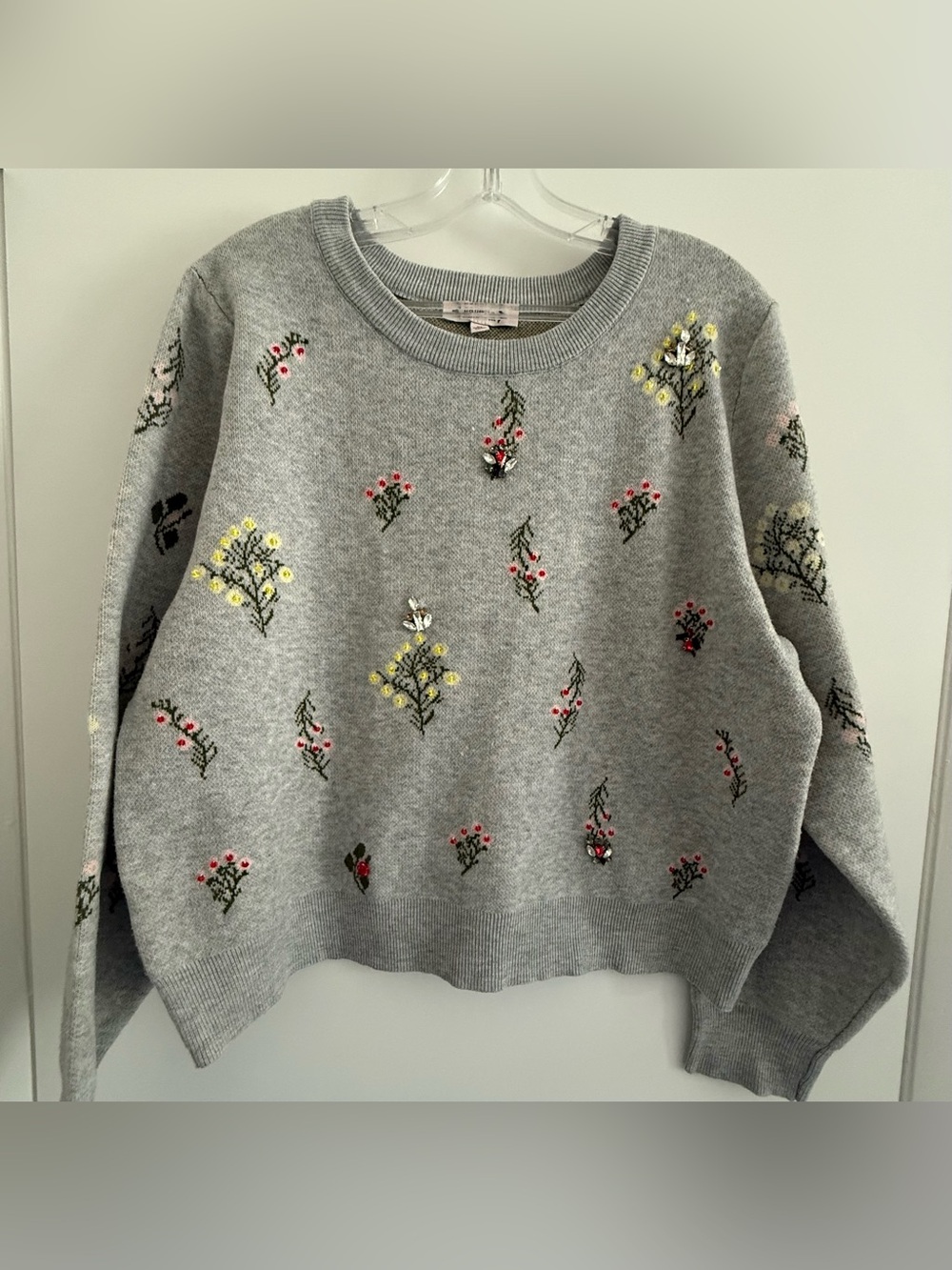 Nanette Lepore Gray Crewneck Sweater with Yellow and Pink Floral Embroidery
